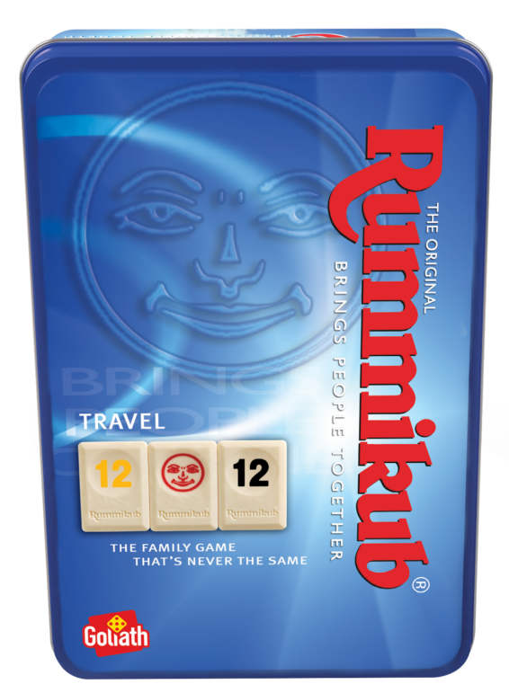 De voorkant van de doos van het strategische spel Rummikub Travel Tour