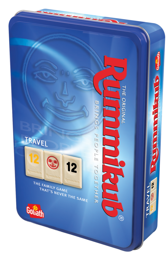 De doos van het strategische spel Rummikub Travel Tour vanuit een rechterhoek