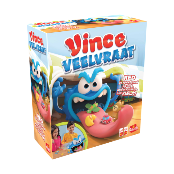 De doos van het kinderspel vol actie Vince Veelvraat vanuit een linkerhoek