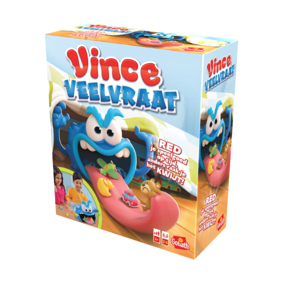 De doos van het kinderspel Vince Veelvraat vanuit een rechterhoek