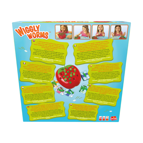 De achterkant van de doos van het kinderspel Wiggly Worms