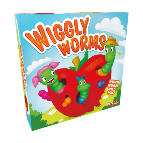 De doos van het kinderspel Wiggly Worms vanuit een linkerhoek