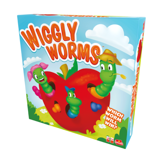 De doos van het kinderspel Wiggly Worms vanuit een rechterhoek