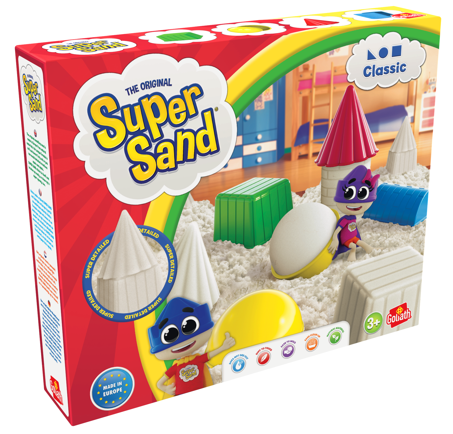 De doos van Super Sand Classic vanuit een linkerhoek