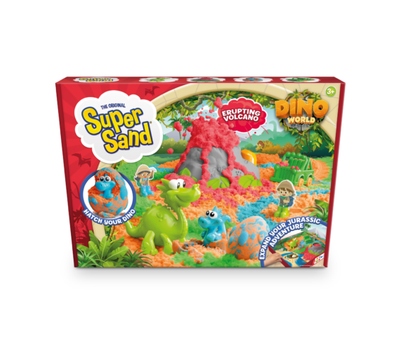 De voorkant van de doos van Super Sand Dinosaur World