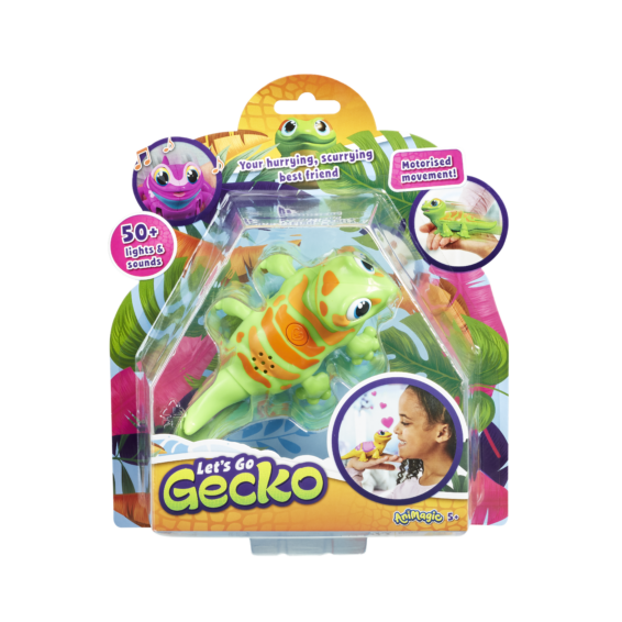 De voorkant van de verpakking van Let's Go Gecko Groen