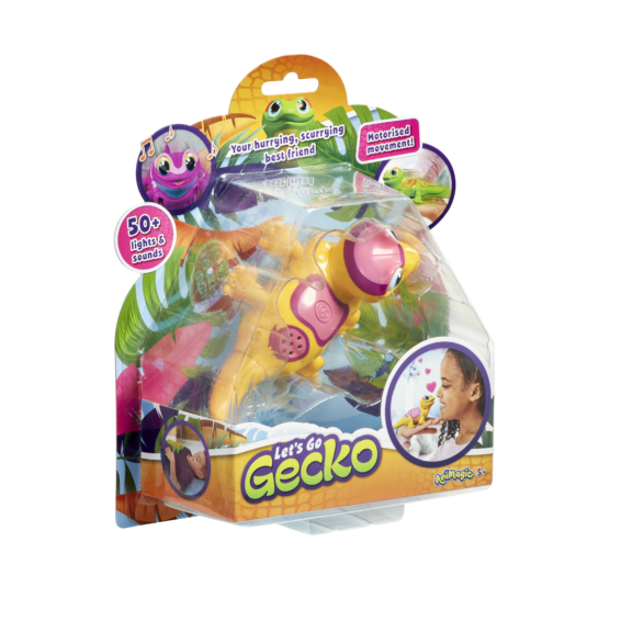 De verpakking van het speelvriendje Let's Go Gecko Geel vanuit een linkerhoek