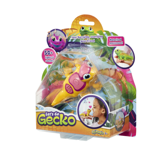 De verpakking van het speelvriendje Let's Go Gecko Geel vanuit een rechterhoek