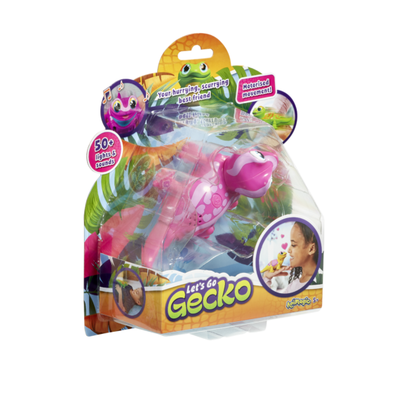 De verpakking van het speelvriendje Let's Go Gecko Roze vanuit een linkerhoek