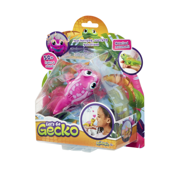 De verpakking van het speelvriendje Let's Go Gecko Roze vanuit een rechterhoek