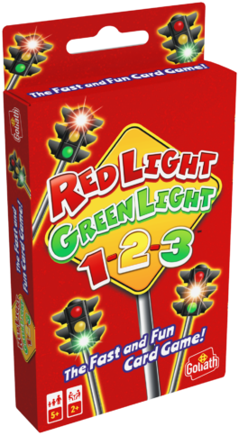 De doos van het partyspel Red Light Green Light vanuit een linkerhoek