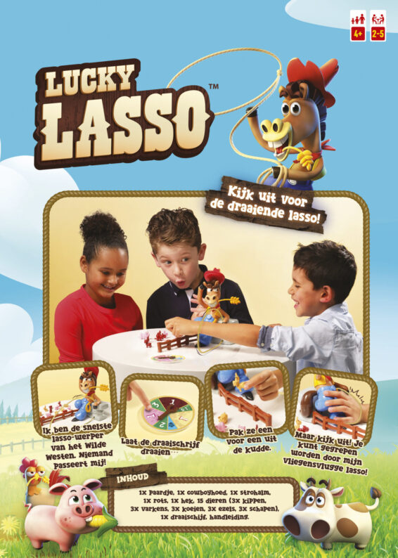 De achterkant van de doos van het kinderspel vol actie Lucky Lasso