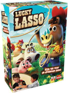 De doos van het kinderspel vol actie Lucky Lasso vanuit een linkerhoek