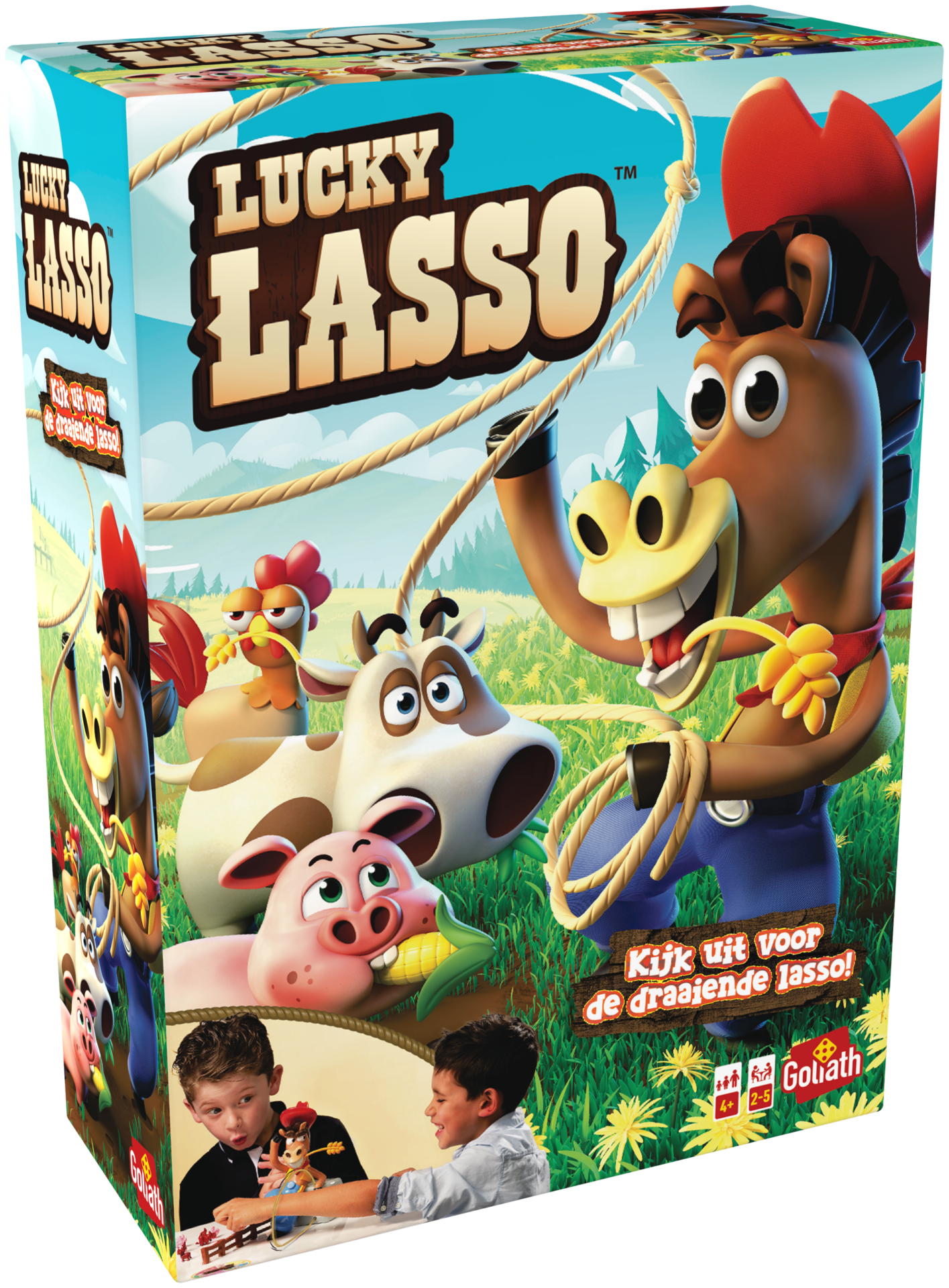 De doos van het kinderspel vol actie Lucky Lasso vanuit een linkerhoek