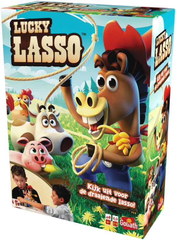 De doos van het kinderspel vol actie Lucky Lasso vanuit een rechterhoek