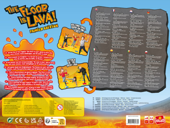 De achterkant van het actieve kinderspel De Vloer Is Lava Familie Editie