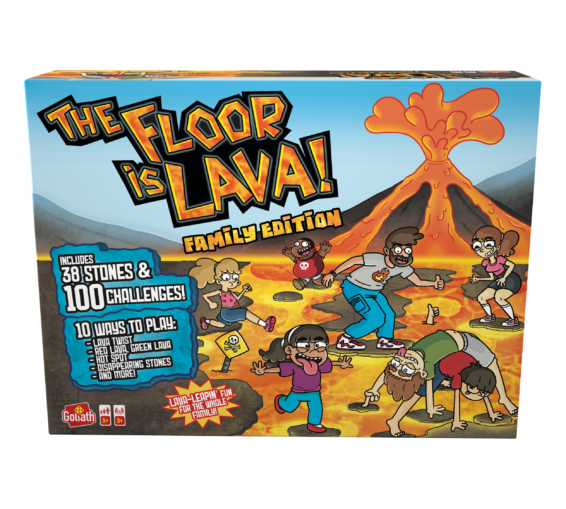 De voorkant van de doos van het actieve kinderspel De Vloer Is Lava Familie Editie