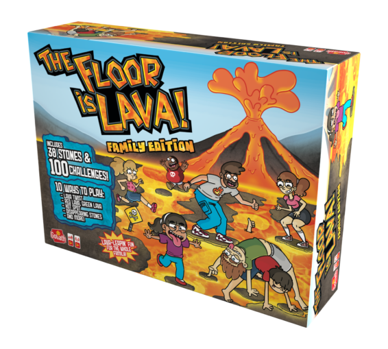 De doos van het actieve kinderspel De Vloer Is Lava Familie Editie vanuit een rechterhoek