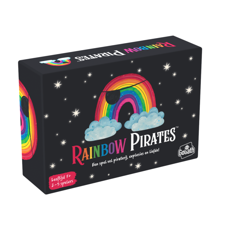De doos van het strategische partyspel Rainbow Pirates vanuit een linkerhoek