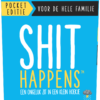 De voorkant van de doos van het hilarische partyspel Shit Happens Familie Editie Pocket