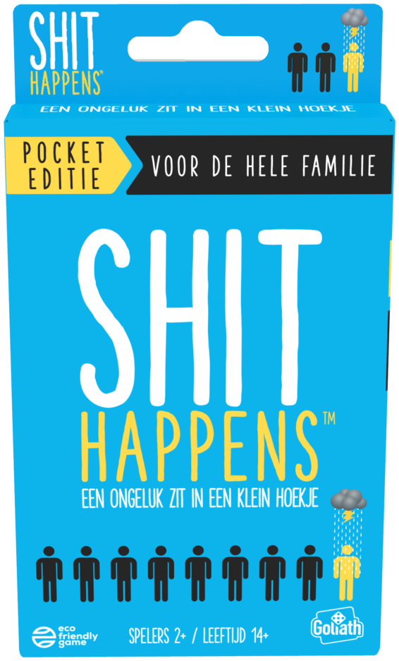 De voorkant van de doos van het hilarische partyspel Shit Happens Familie Editie Pocket