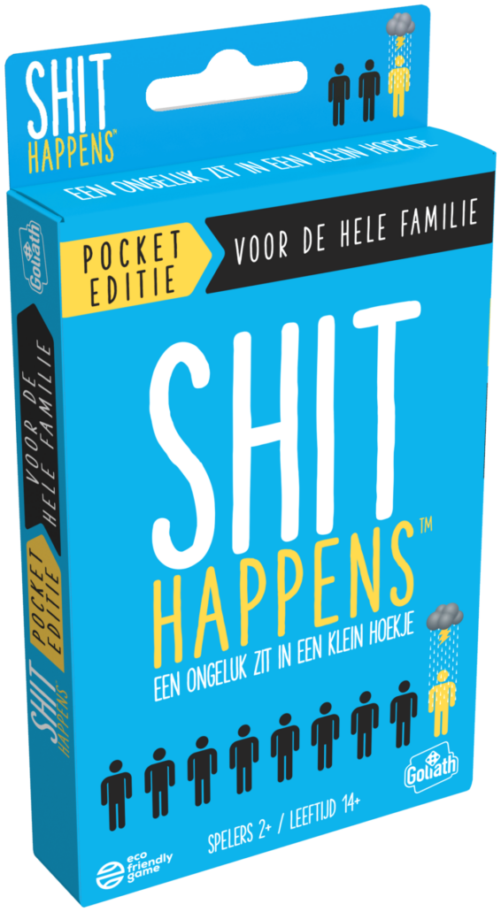 De doos van het hilarische partyspel Shit Happens Familie Editie Pocket vanuit een Linkerhoek