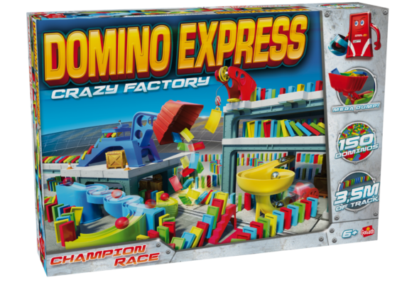 De doos van Domino Express Crazy Factory vanuit een linkerhoek