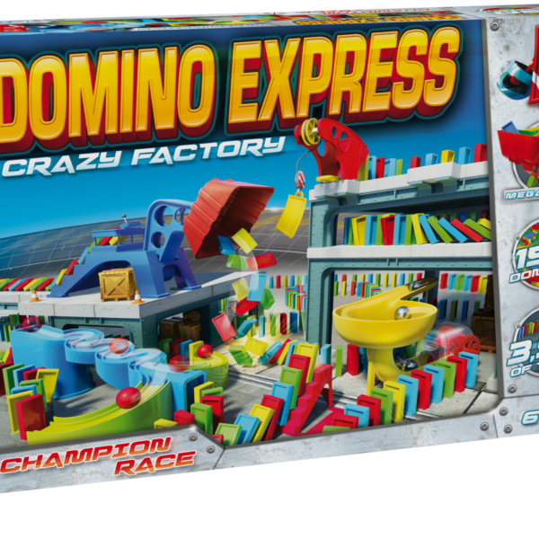 De doos van Domino Express Crazy Factory vanuit een linkerhoek