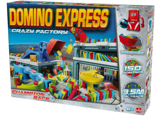 De doos van Domino Express Crazy Factory vanuit een rechterhoek