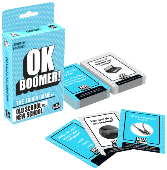 De doos en kaarten van het partyspel OK Boomer Pocket Editie