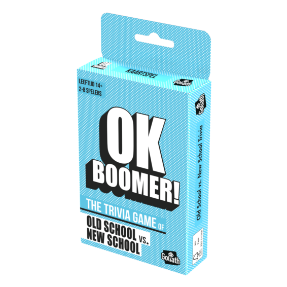 De doos van het partyspel OK Boomer Pocket Editie vanuit een rechterhoek