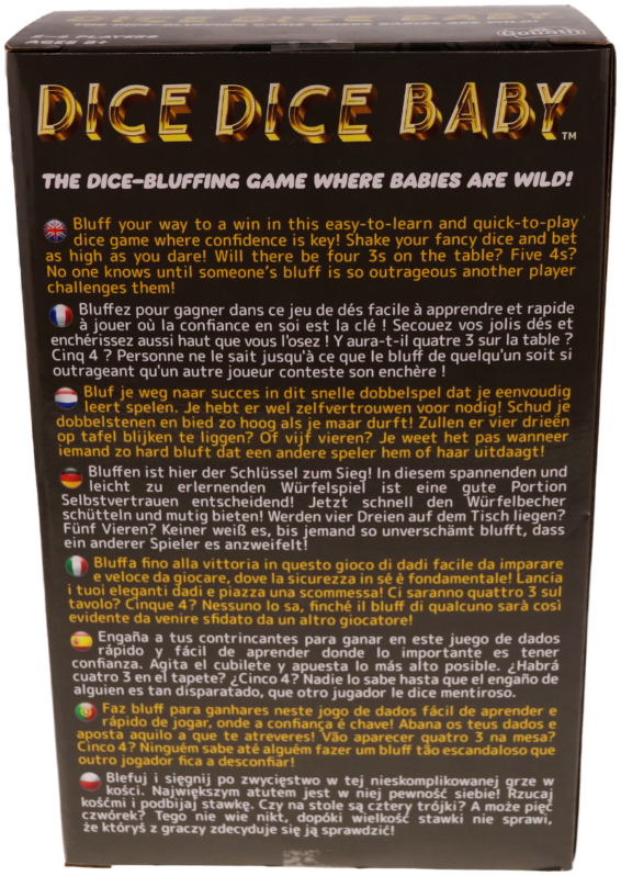 De achterkant van de doos van het strategische spel Dice Dice Baby