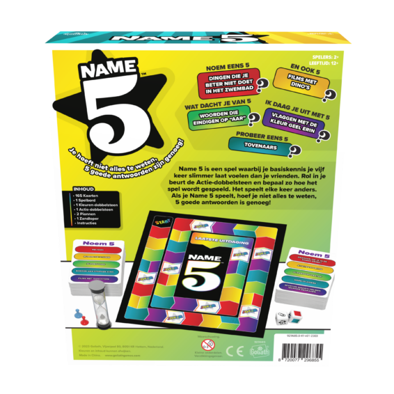 de achterkant van de doos van het trivia bordspel Name 5