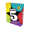 de doos van het trivia bordspel Name 5 vanuit een rechterhoek