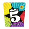 de voorkant van de doos van het trivia bordspel Name 5