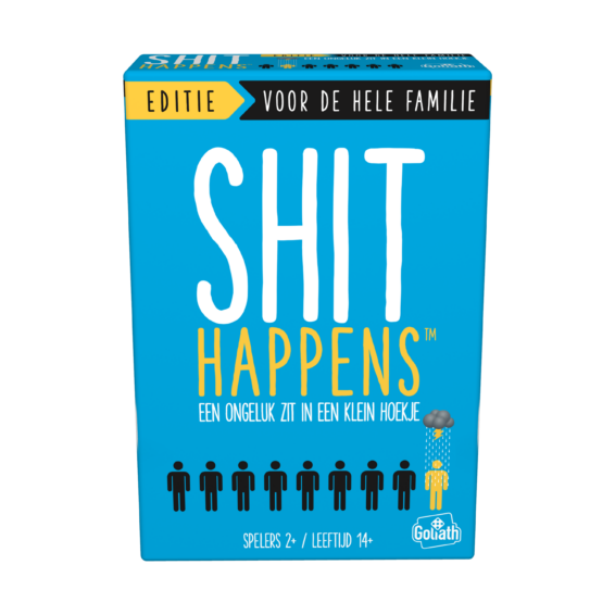 De voorkant van de doos van het hilarische partyspel Shit Happens Familie Editie
