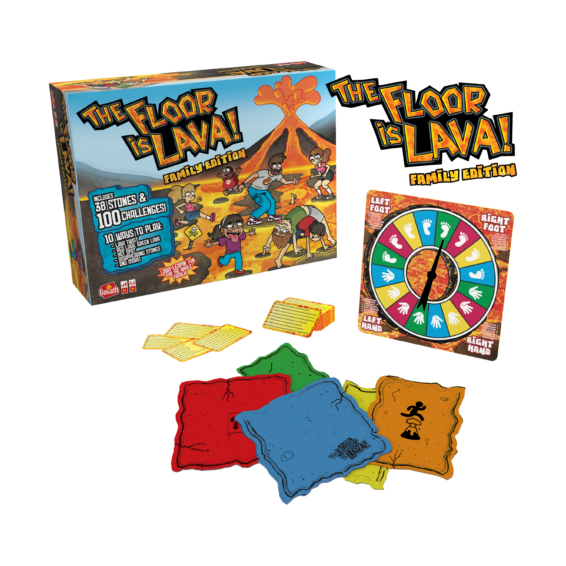 De doos en de inhoud van het spel Floor is Lava Familie Editie
