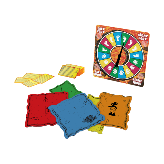 De inhoud van de doos van het actieve kinderspel De Vloer Is Lava Familie Editie
