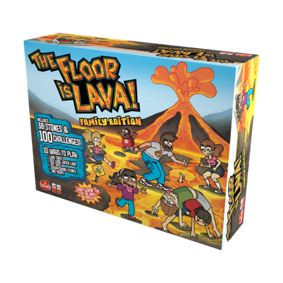 De doos van het actieve kinderspel De Vloer Is Lava Familie Editie vanuit een rechterhoek