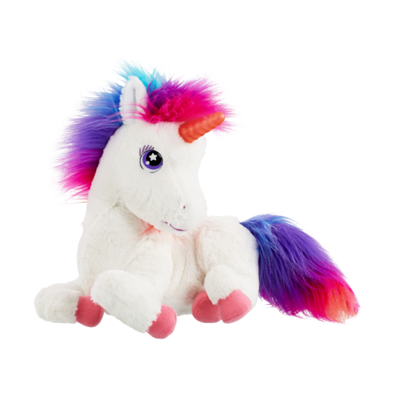 De voorkant van de lichtgevende knuffel Animagic Regenboog Eenhoorn