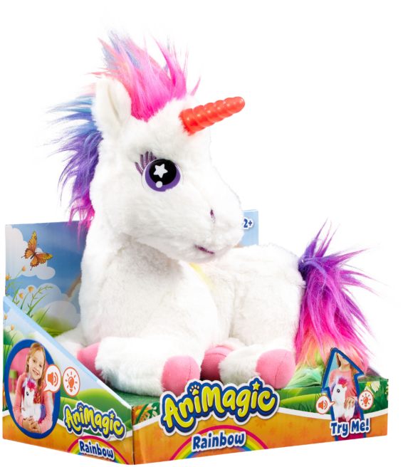 De verpakking van Animagic Regenboog Eenhoorn vanuit een linkerhoek