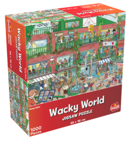 De doos van de Wacky World Stay Safe puzzel vanuit een linkerhoek