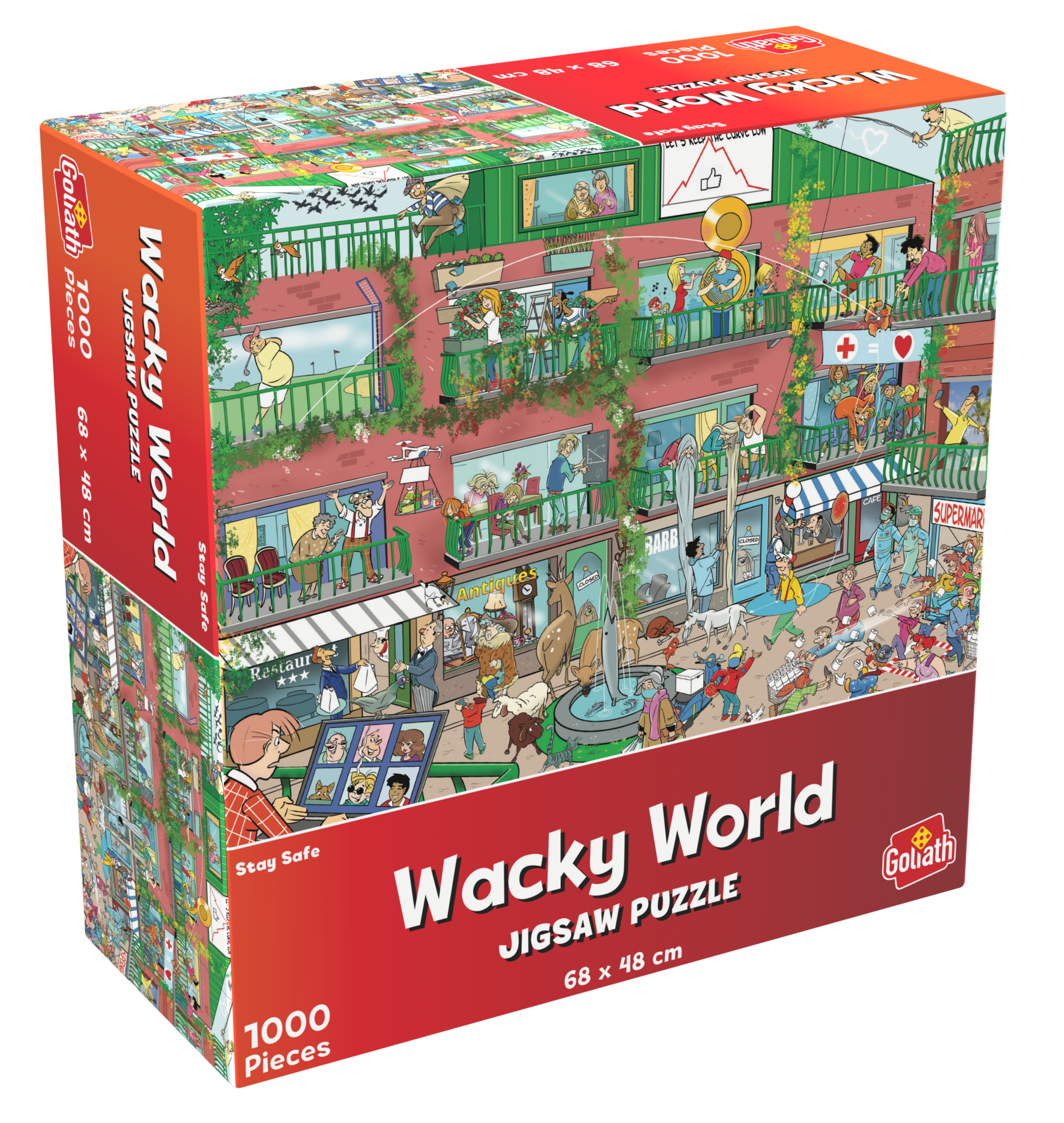 De doos van de Wacky World Stay Safe puzzel vanuit een linkerhoek