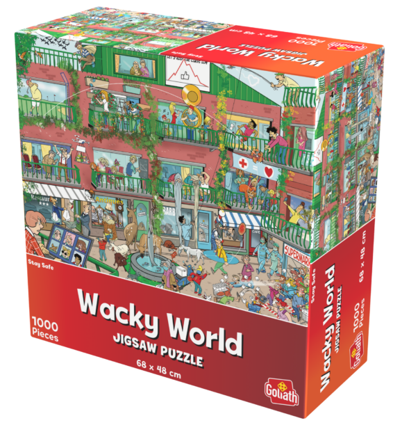 De doos van de Wacky World Stay Safe puzzel vanuit een rechterhoek