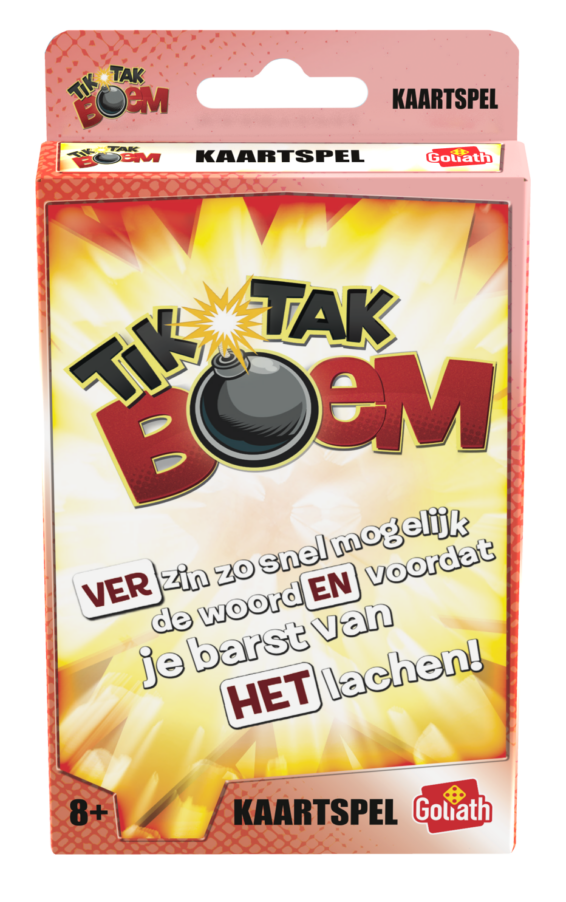 De voorkant van de doos van het partyspel Tik Tak Boem Pocket Editie