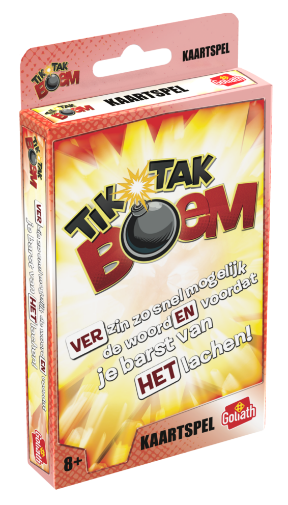 De doos van het partyspel Tik Tak Boem Pocket Editie vanuit een linkerhoek