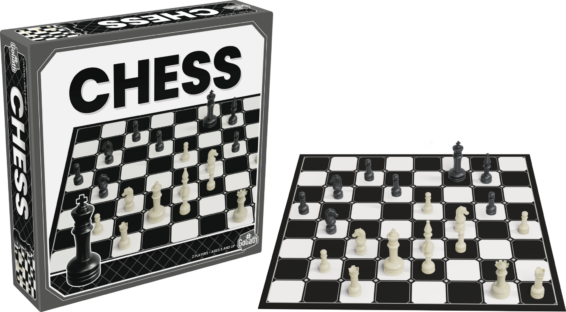 de doos van het strategische bordspel schaken en het speelbord met schaakstenen