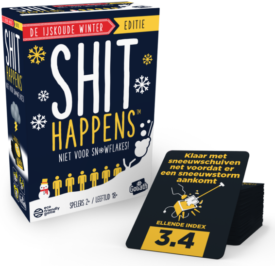 De doos en de kaarten van het hilarische partyspel Shit Happens De IJskoude Winter Editie