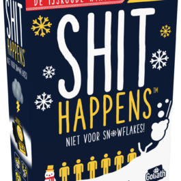 De doos van het hilarische partyspel Shit Happens De IJskoude Winter Editie vanuit een linkerhoek