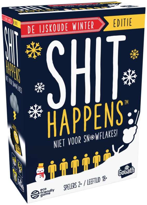 De doos van het hilarische partyspel Shit Happens De IJskoude Winter Editie vanuit een linkerhoek